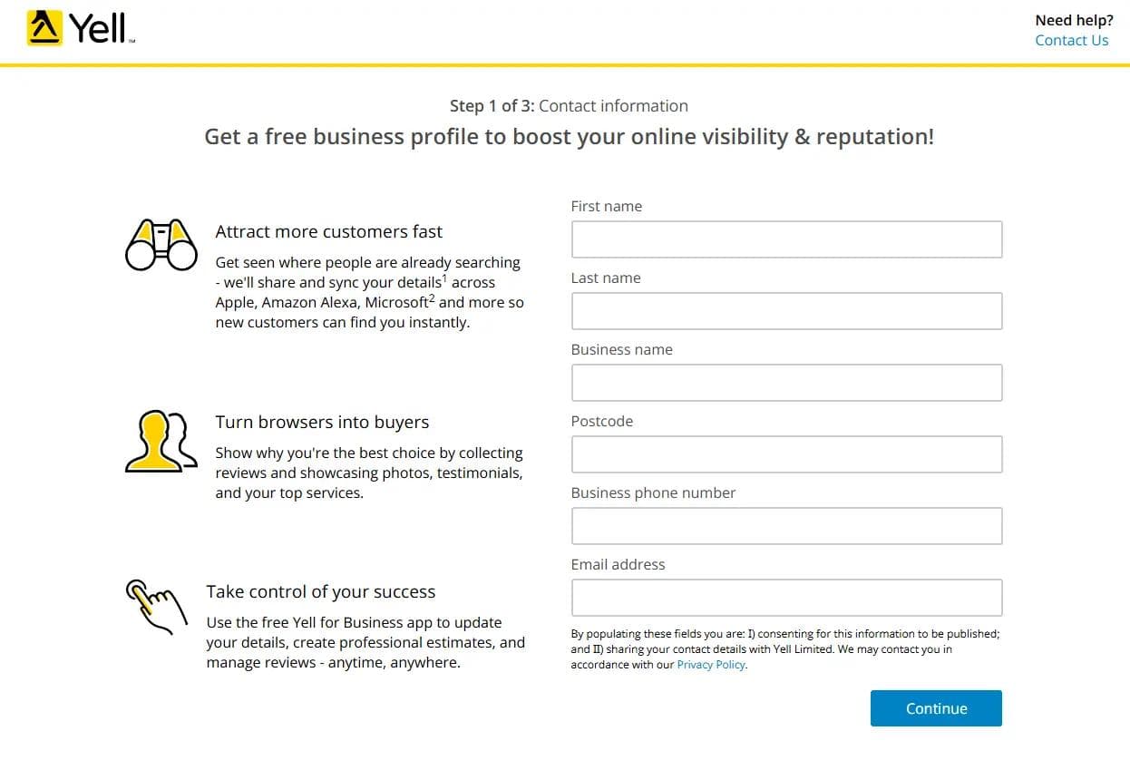 Navigate to the Yell Free Listing Page